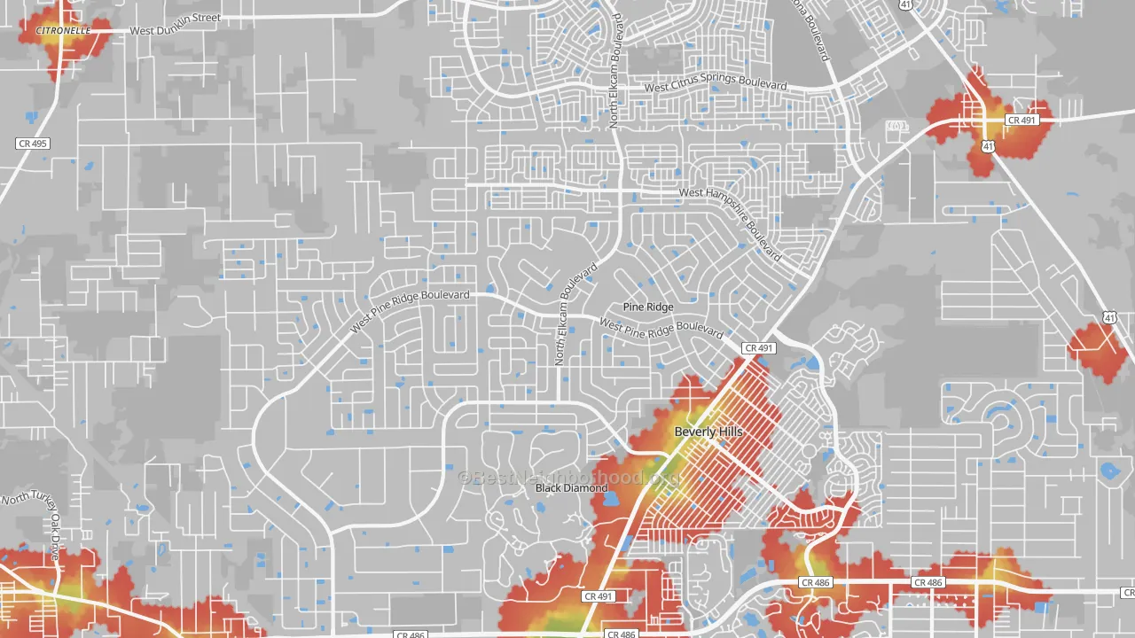 Walk Grade map of Pine Ridge, FL, walkable areas in green and car-dependent areas in red