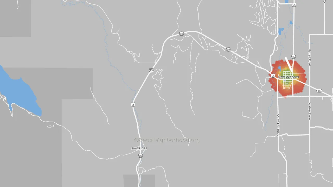 Walk Grade map of Pine Ridge, ID, walkable areas in green and car-dependent areas in red