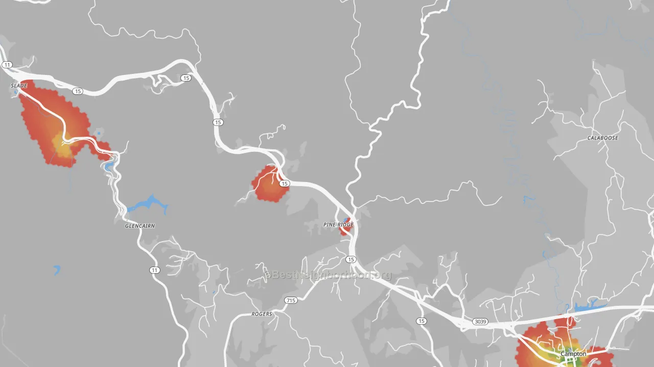 Walk Grade map of Pine Ridge, KY, walkable areas in green and car-dependent areas in red