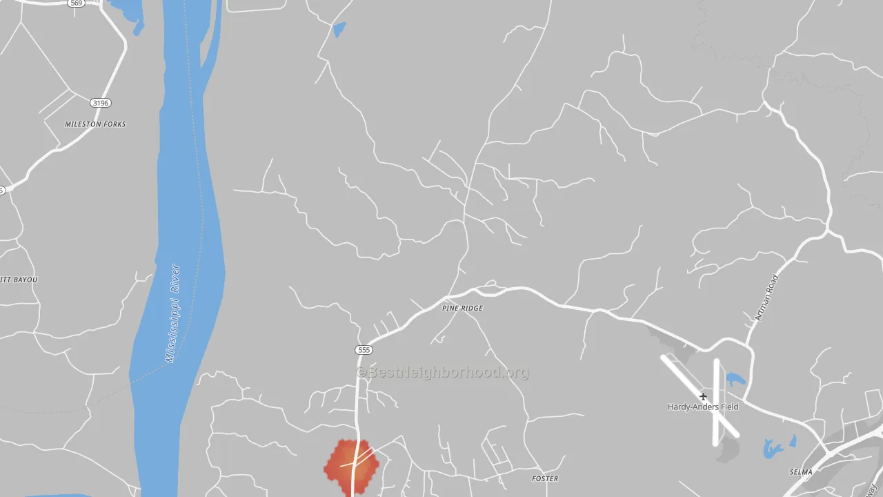 Walk Grade map of Pine Ridge, MS, walkable areas in green and car-dependent areas in red