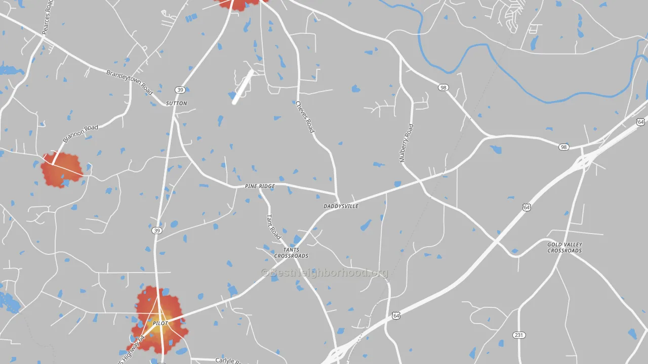 Walk Grade map of Pine Ridge, NC, walkable areas in green and car-dependent areas in red