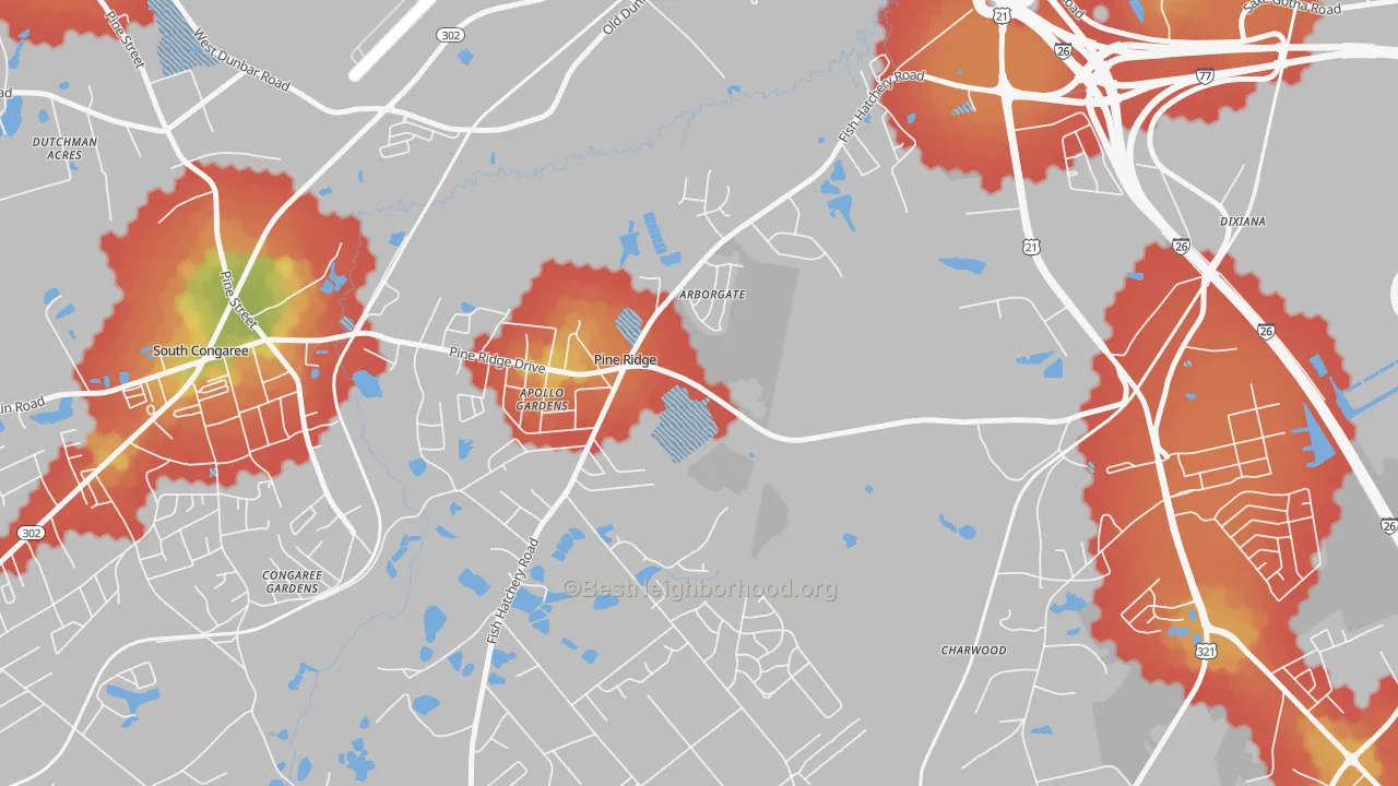 Walk Grade map of Pine Ridge, SC, walkable areas in green and car-dependent areas in red