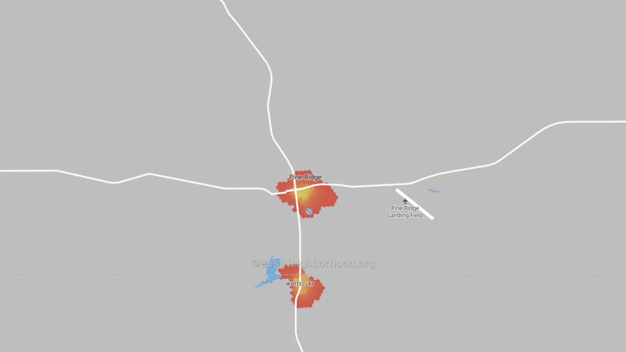 Walk Grade map of Pine Ridge, SD, walkable areas in green and car-dependent areas in red
