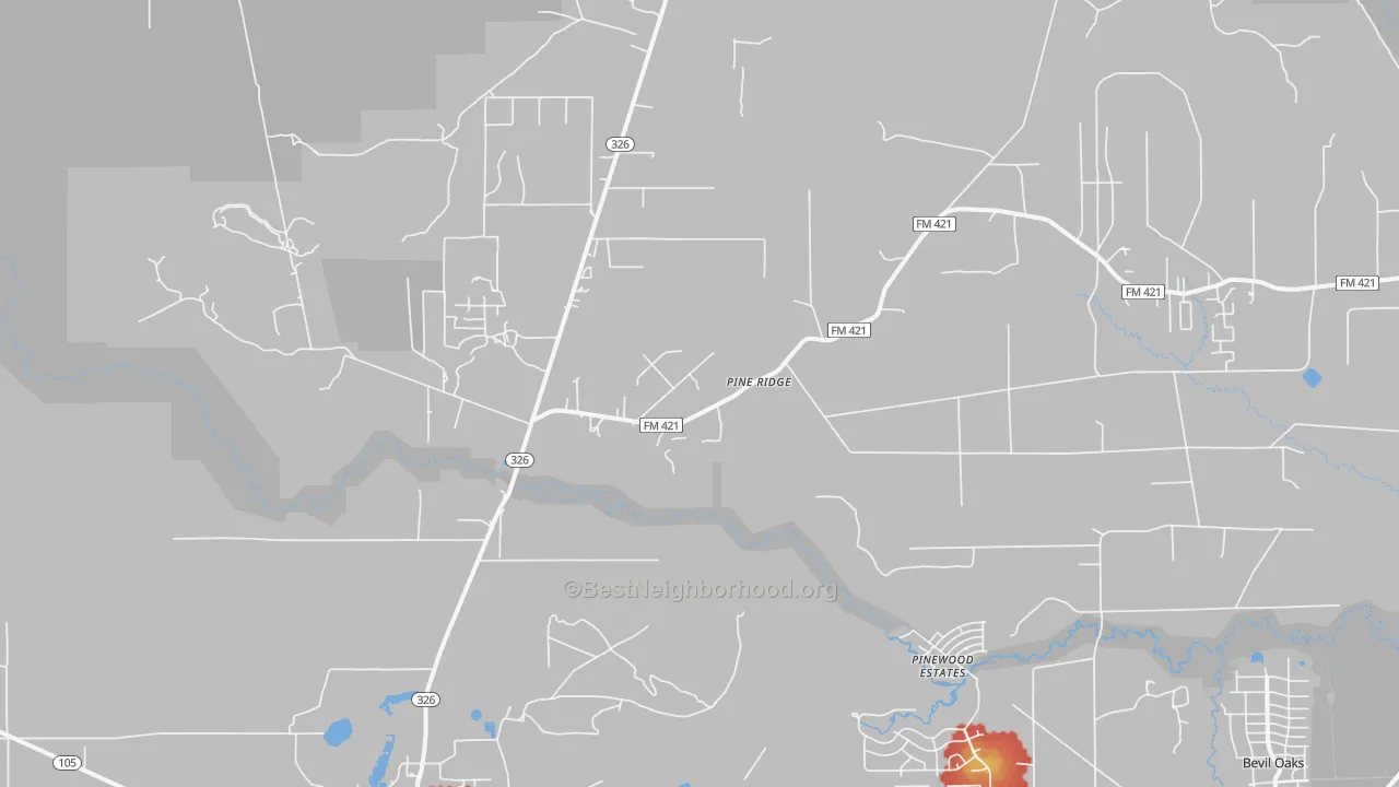 Walk Grade map of Pine Ridge, TX, walkable areas in green and car-dependent areas in red