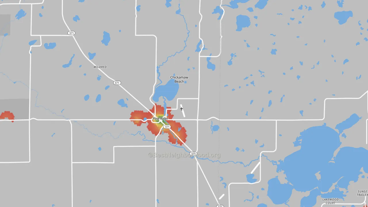 Walk Grade map of Pine River, MN, walkable areas in green and car-dependent areas in red