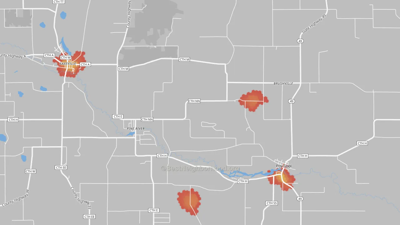 Walk Grade map of Pine River, WI, walkable areas in green and car-dependent areas in red