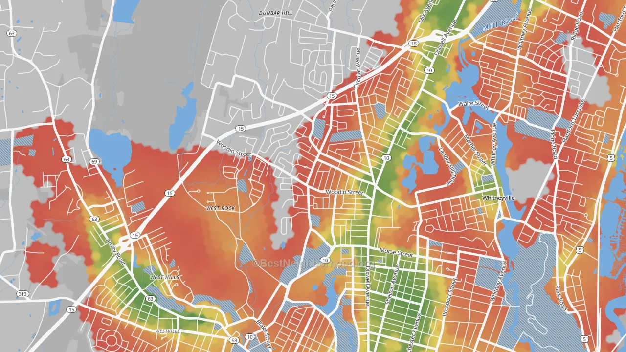Walk Grade map of Pine Rock, Hamden, CT, walkable areas in green and car-dependent areas in red