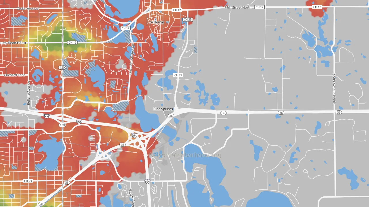 Walk Grade map of Pine Springs, MN, walkable areas in green and car-dependent areas in red