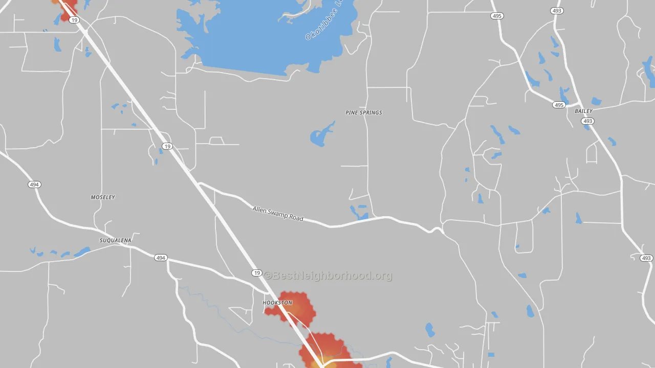 Walk Grade map of Pine Springs, MS, walkable areas in green and car-dependent areas in red