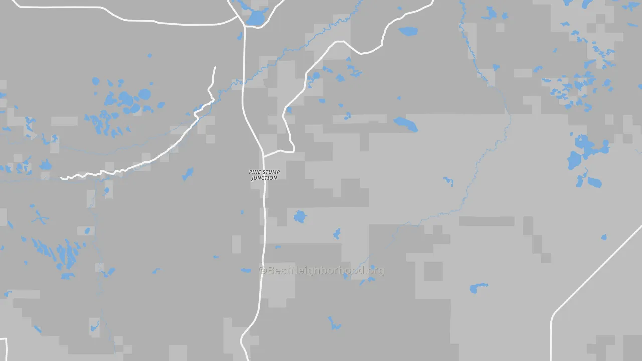 Walk Grade map of Pine Stump Junction, MI, walkable areas in green and car-dependent areas in red