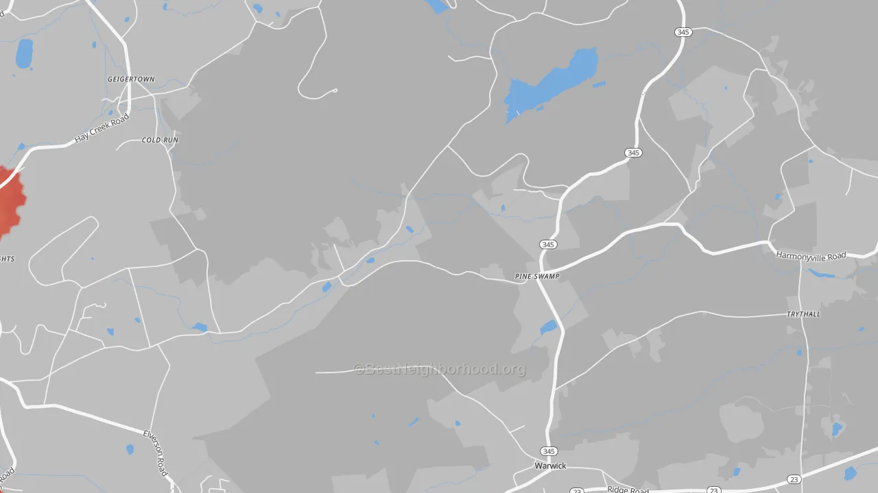 Walk Grade map of Pine Swamp, PA, walkable areas in green and car-dependent areas in red