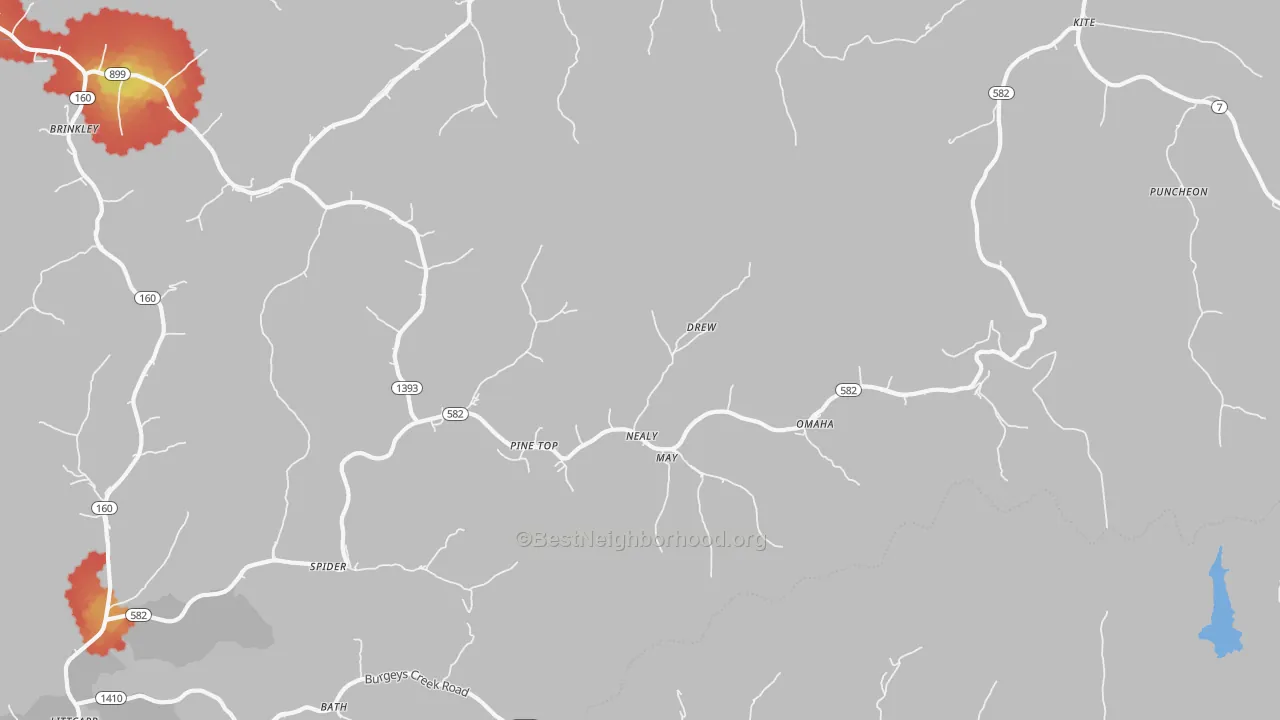Walk Grade map of Pine Top, KY, walkable areas in green and car-dependent areas in red
