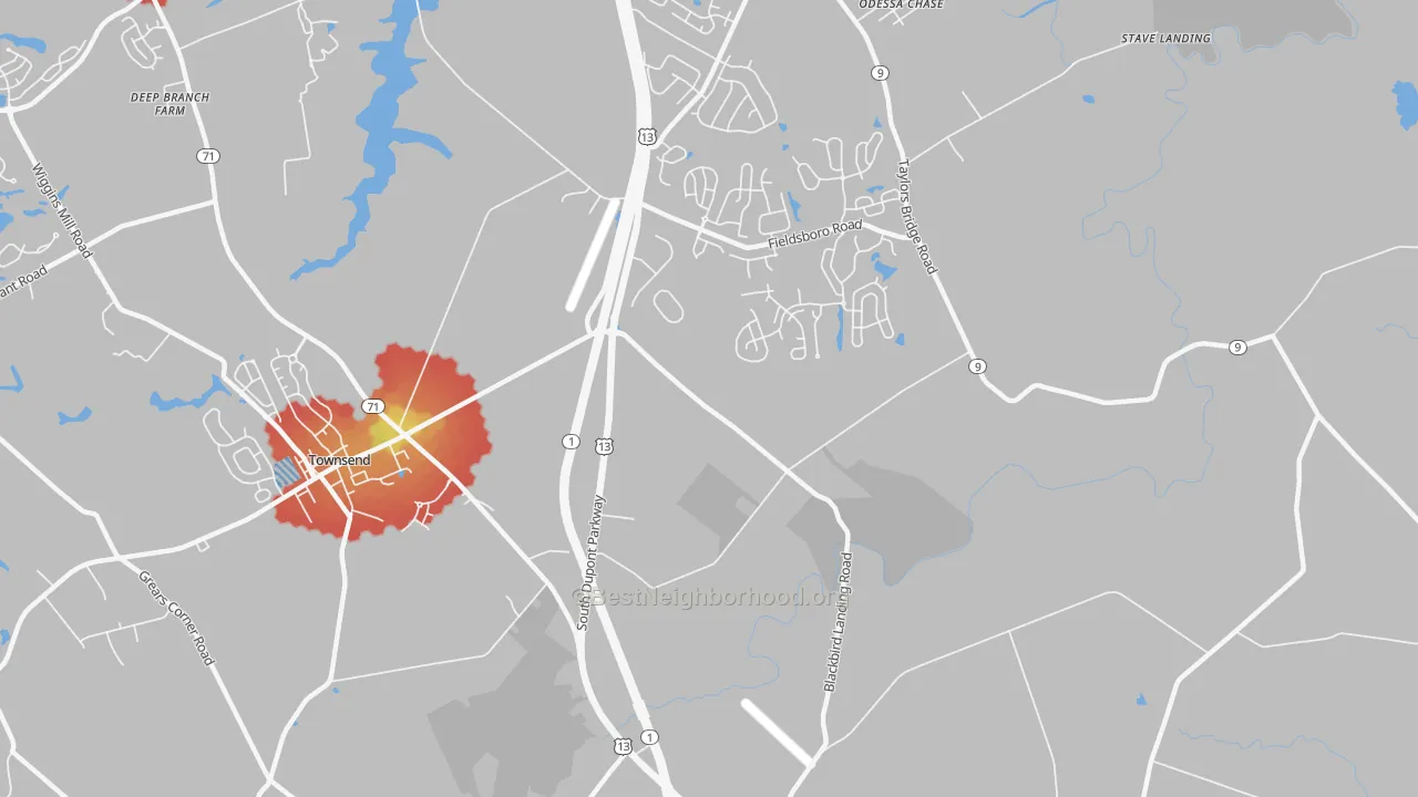 Walk Grade map of Pine Tree Corners, DE, walkable areas in green and car-dependent areas in red