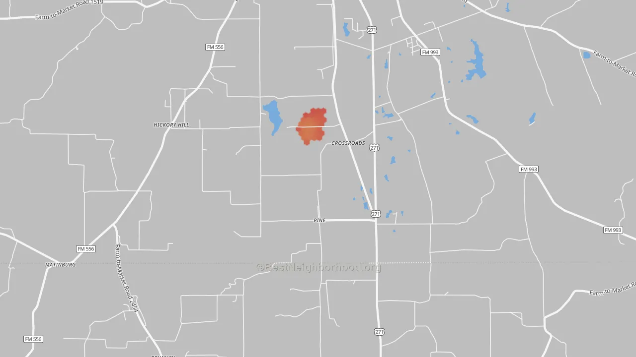 Walk Grade map of Pine, TX, walkable areas in green and car-dependent areas in red