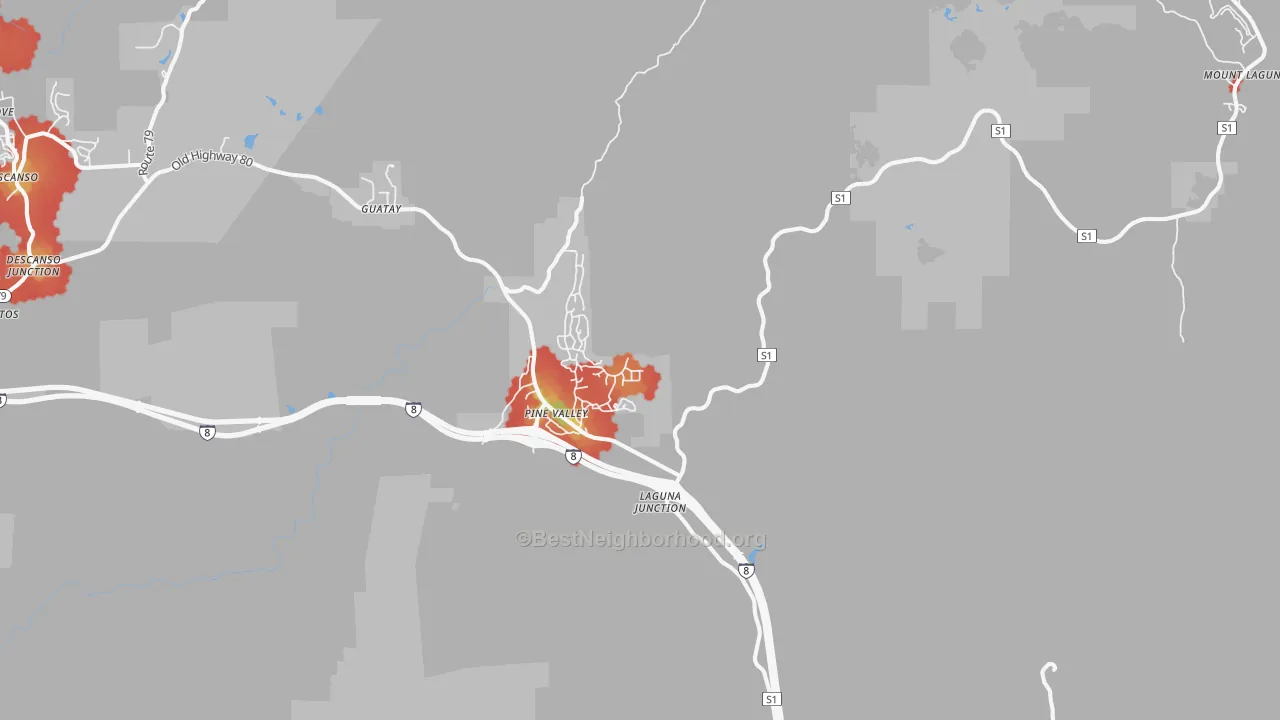 Walk Grade map of Pine Valley, CA, walkable areas in green and car-dependent areas in red
