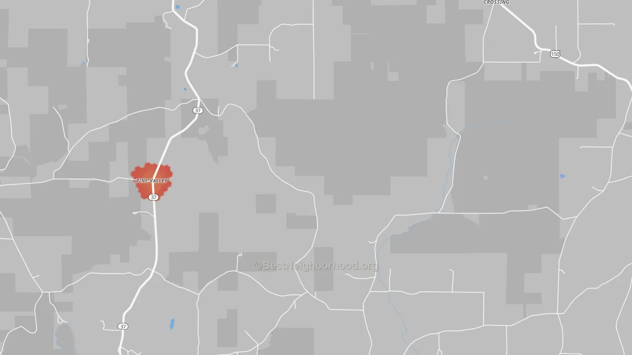 Walk Grade map of Pine Valley, IN, walkable areas in green and car-dependent areas in red