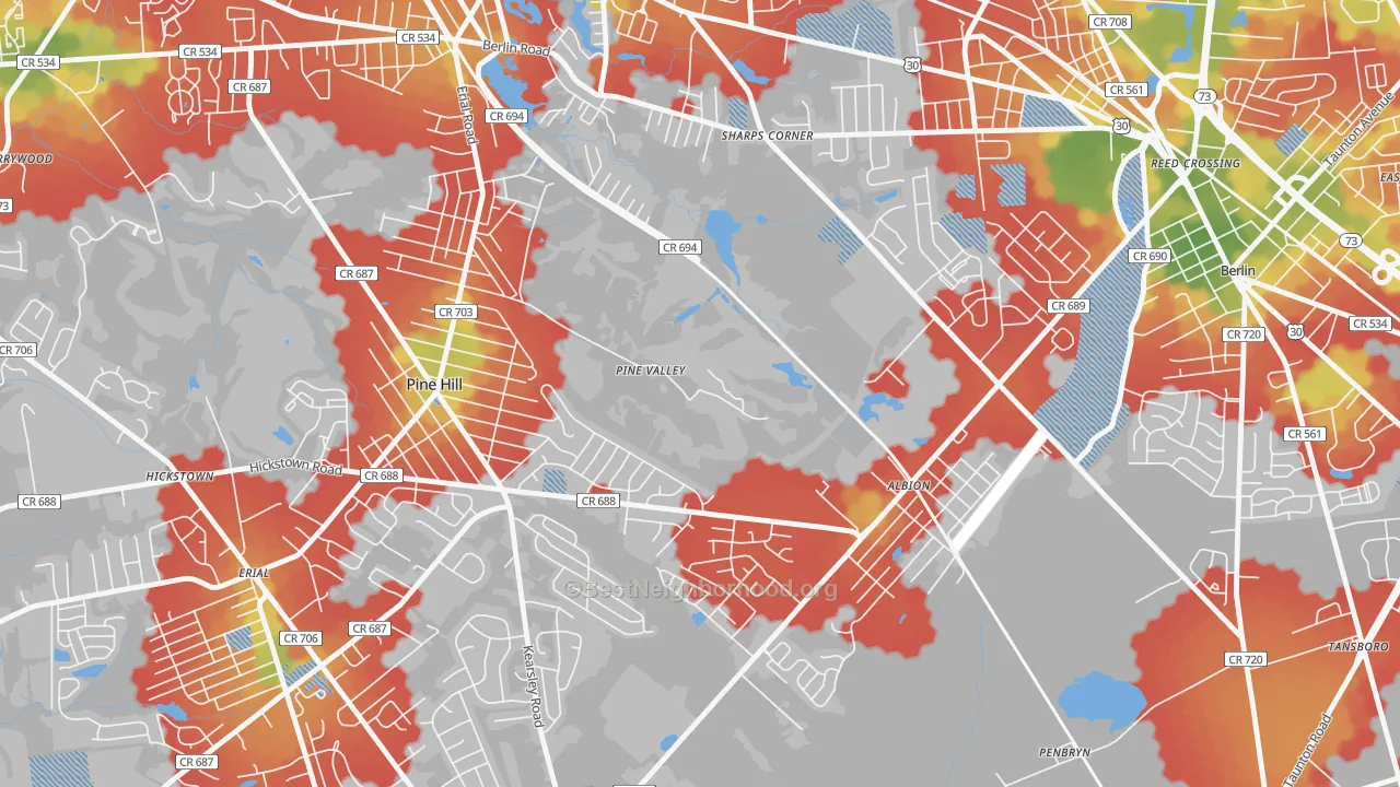 Walk Grade map of Pine Valley, NJ, walkable areas in green and car-dependent areas in red