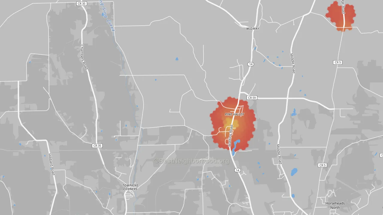 Walk Grade map of Pine Valley, NY, walkable areas in green and car-dependent areas in red