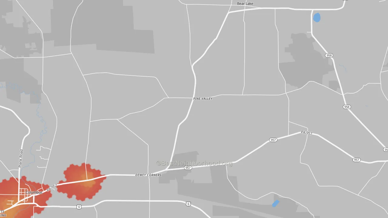 Walk Grade map of Pine Valley, PA, walkable areas in green and car-dependent areas in red