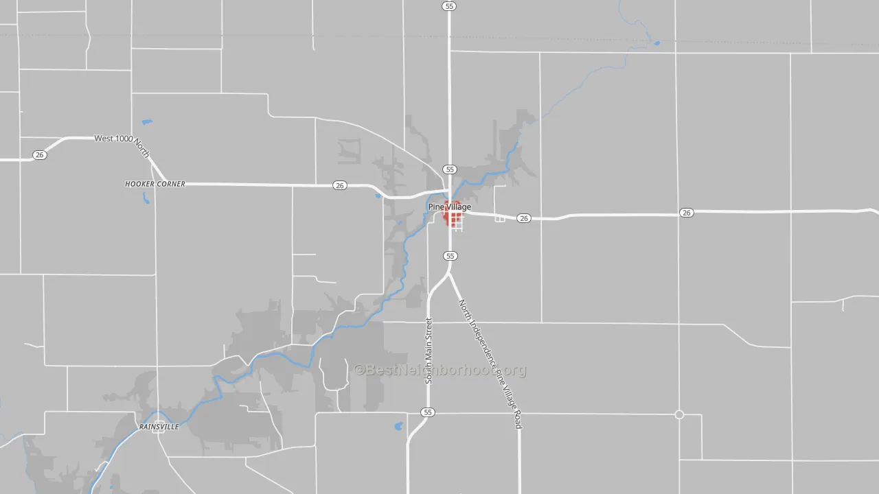 Walk Grade map of Pine Village, IN, walkable areas in green and car-dependent areas in red