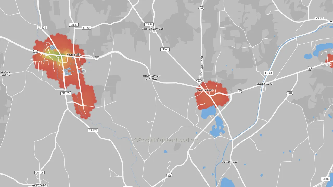 Walk Grade map of Pine Woods, NY, walkable areas in green and car-dependent areas in red