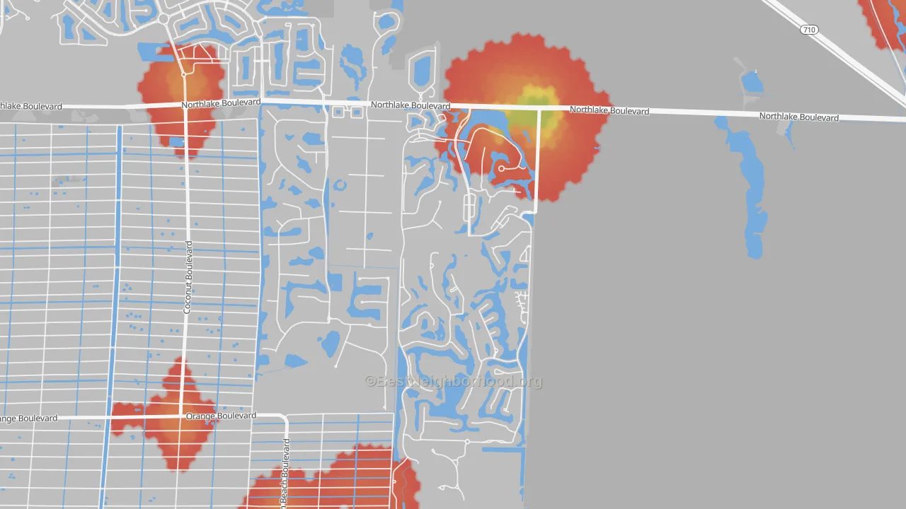 Walk Grade map of Pineapple Park, West Palm Beach, FL, walkable areas in green and car-dependent areas in red