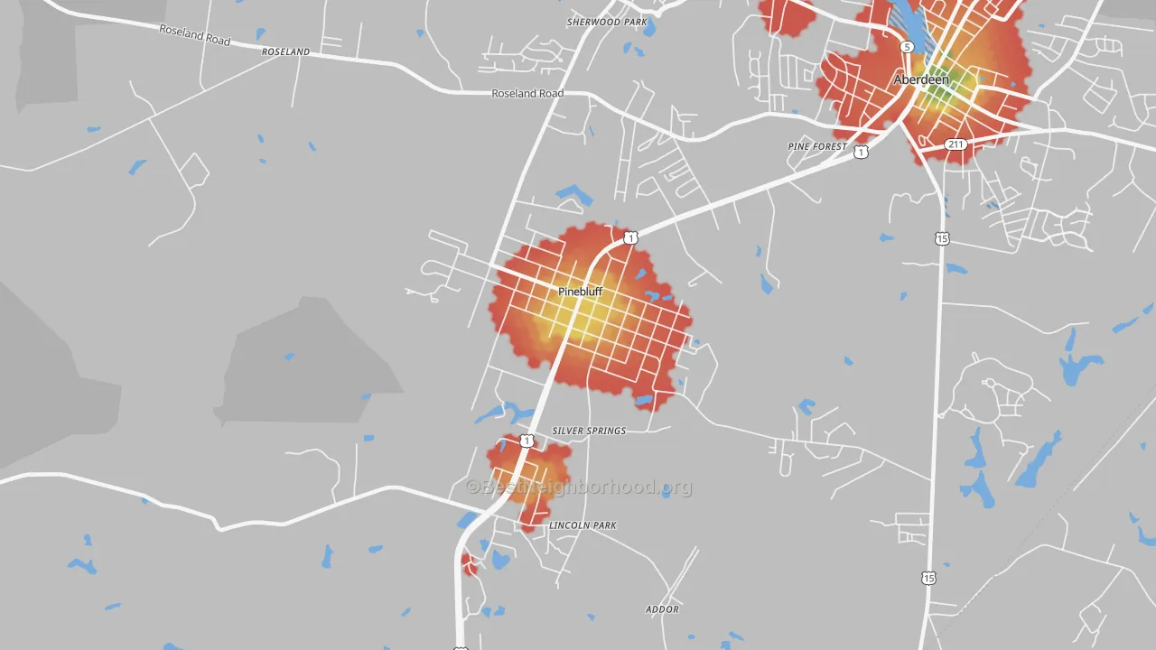 Walk Grade map of Pinebluff, NC, walkable areas in green and car-dependent areas in red