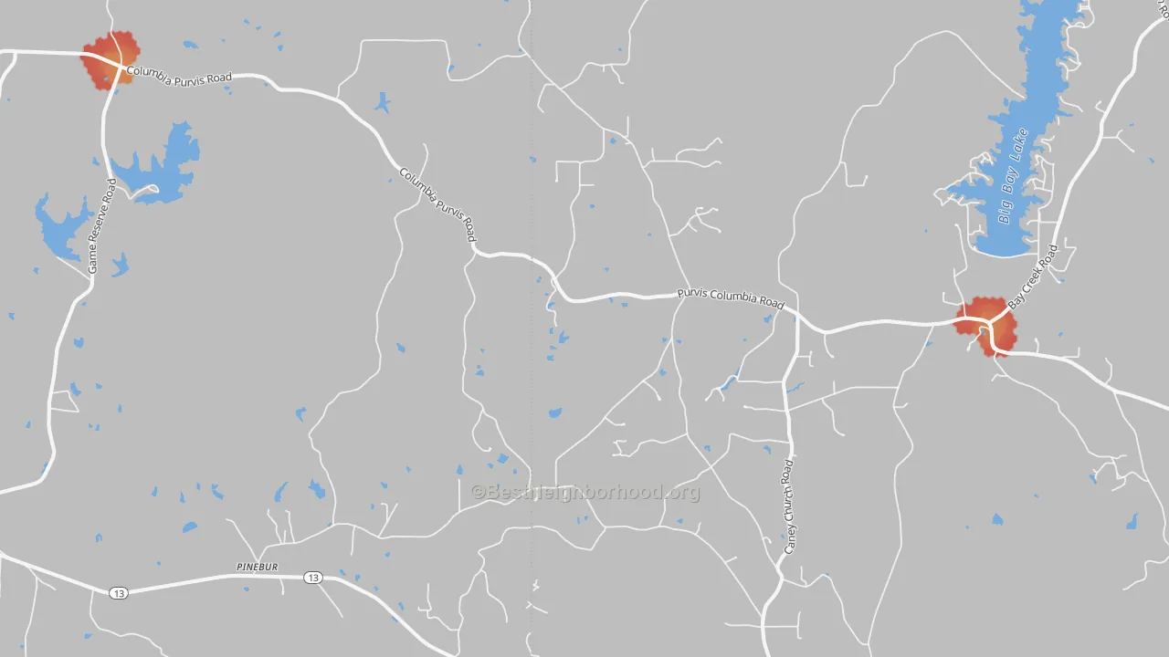 Walk Grade map of Pinebur, MS, walkable areas in green and car-dependent areas in red