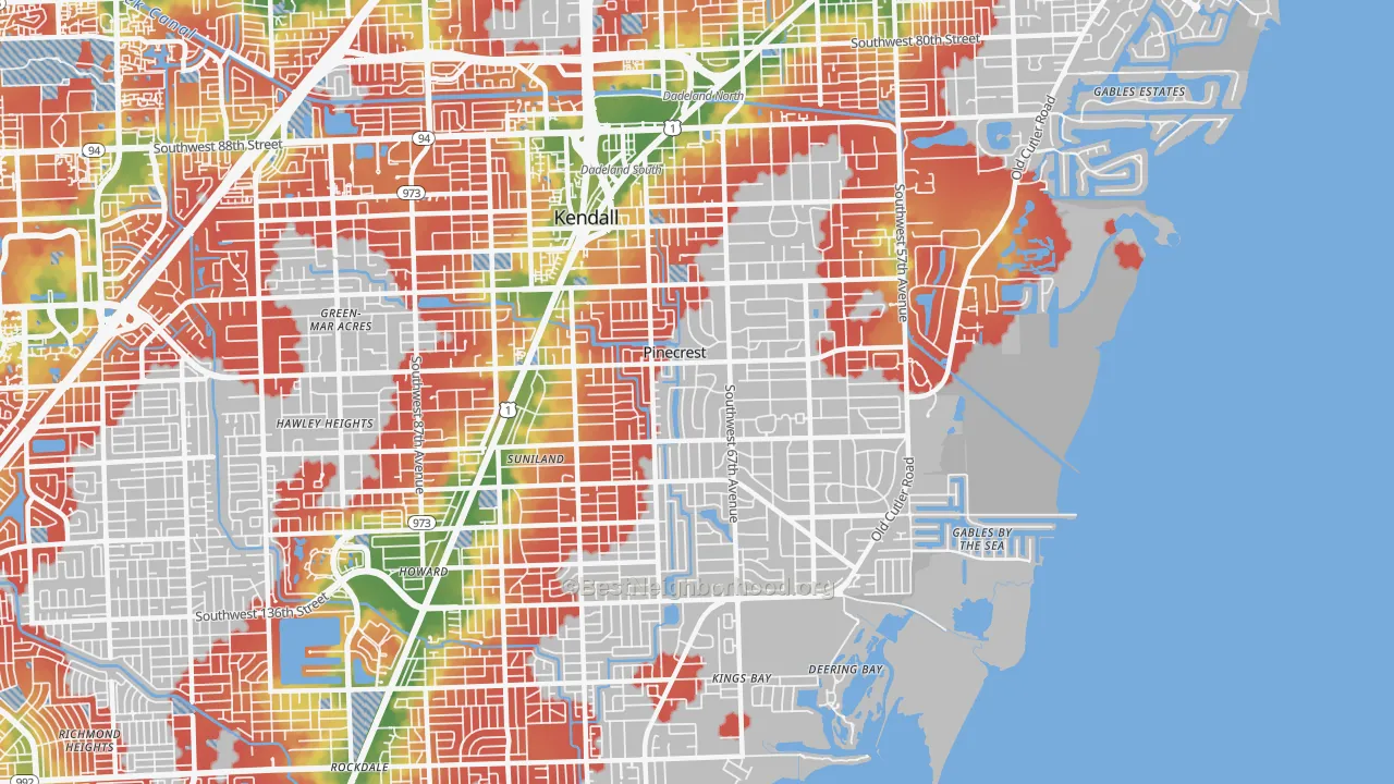 Walk Grade map of Pinecrest, FL, walkable areas in green and car-dependent areas in red