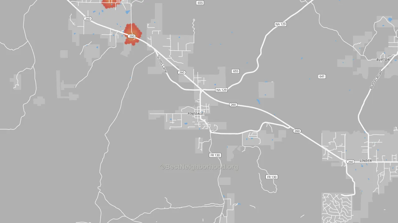 Walk Grade map of Pinedale, AZ, walkable areas in green and car-dependent areas in red