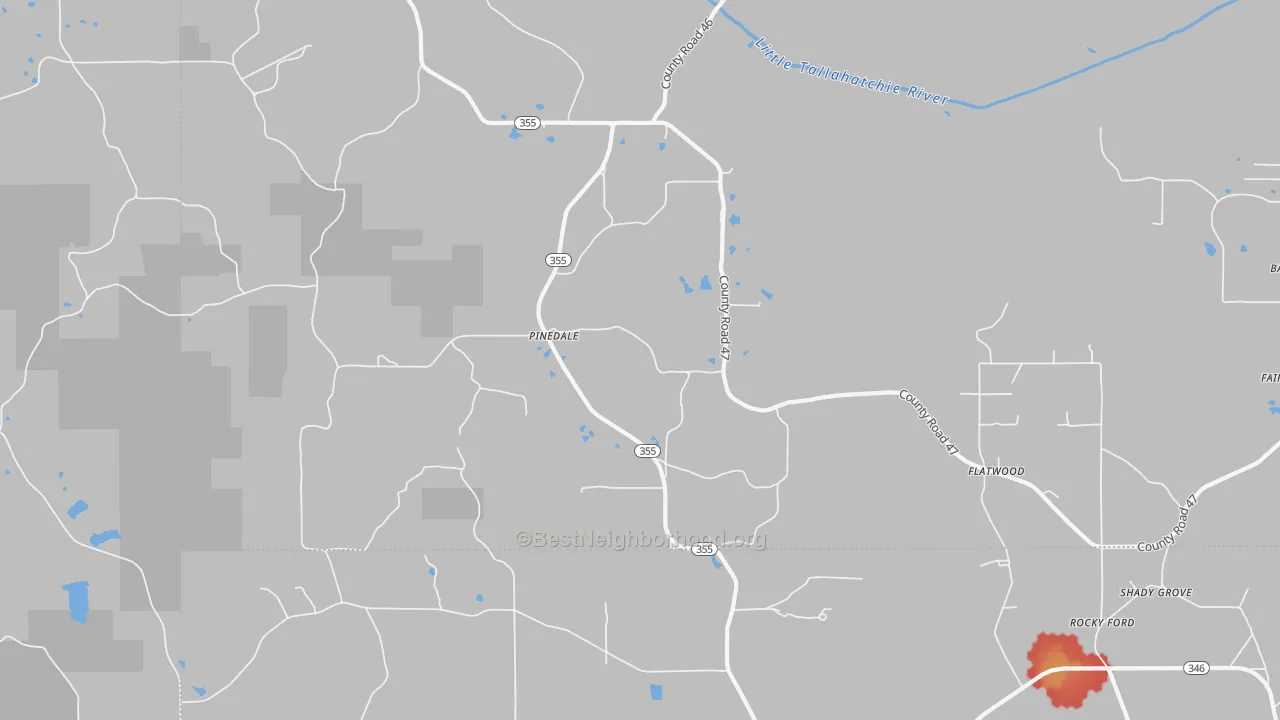 Walk Grade map of Pinedale, MS, walkable areas in green and car-dependent areas in red