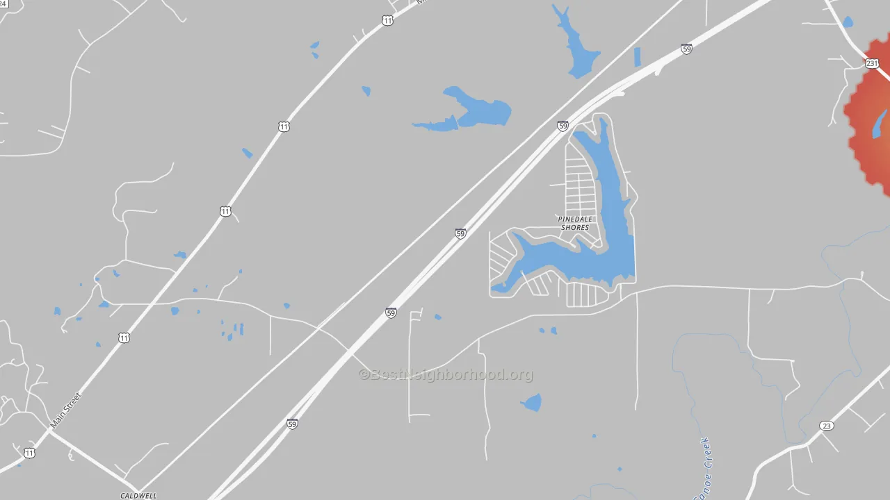 Walk Grade map of Pinedale Shores, AL, walkable areas in green and car-dependent areas in red