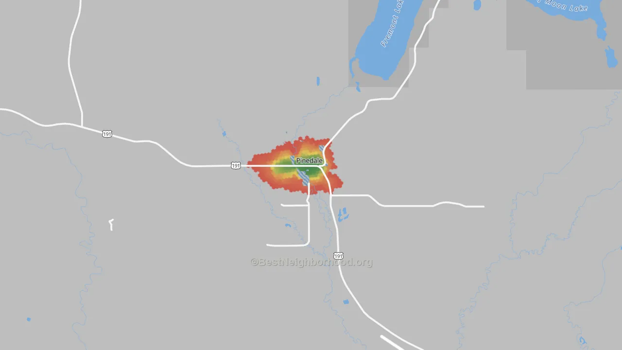 Walk Grade map of Pinedale, WY, walkable areas in green and car-dependent areas in red