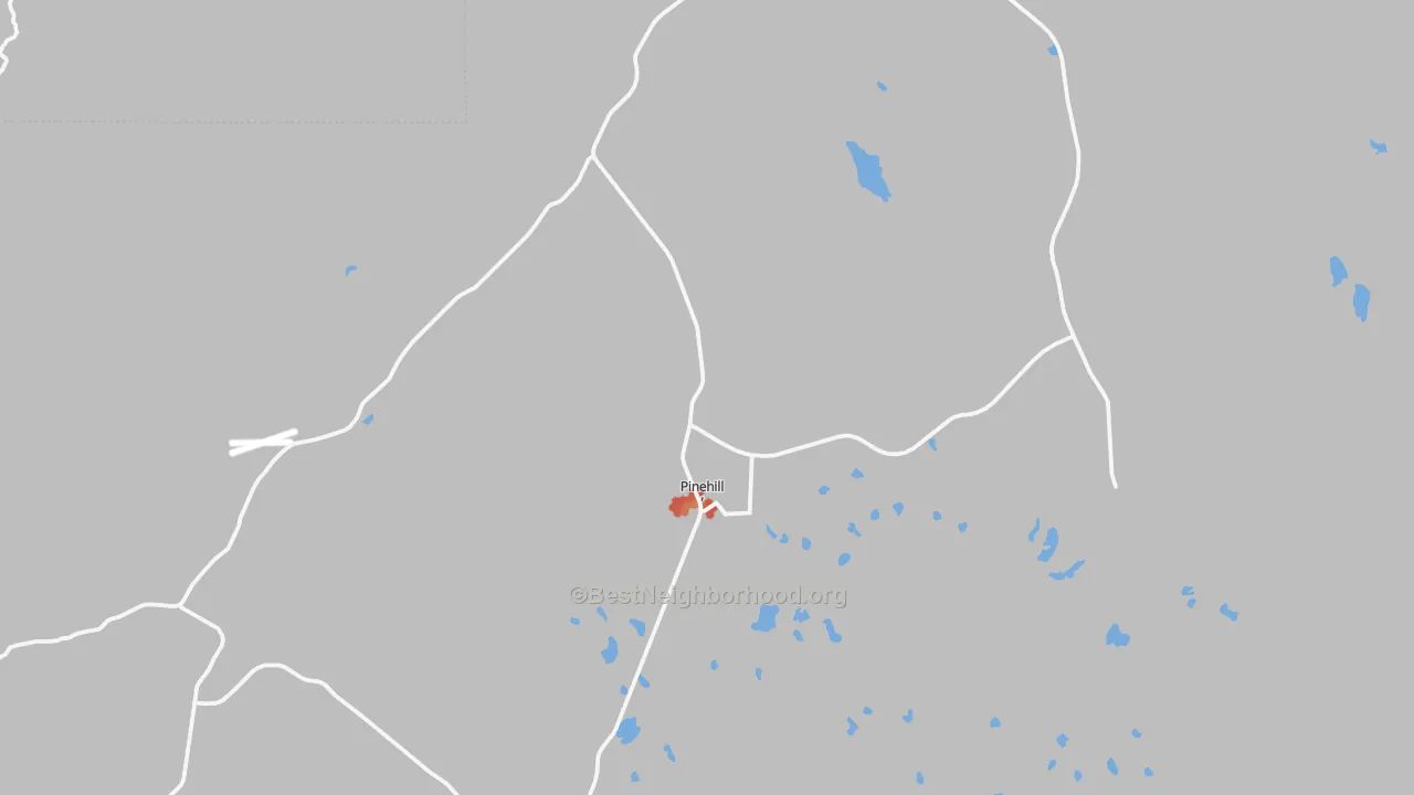 Walk Grade map of Pinehill, NM, walkable areas in green and car-dependent areas in red