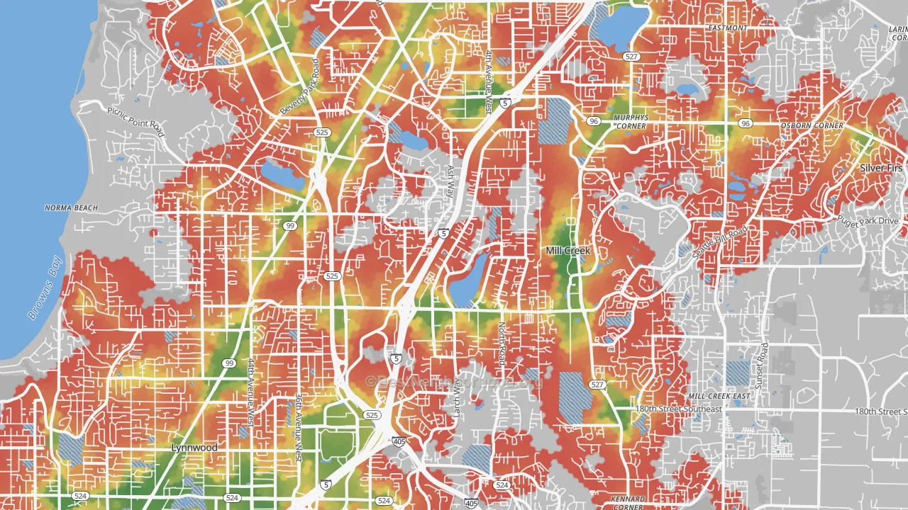 Walk Grade map of Pinehurst, Everett, WA, walkable areas in green and car-dependent areas in red