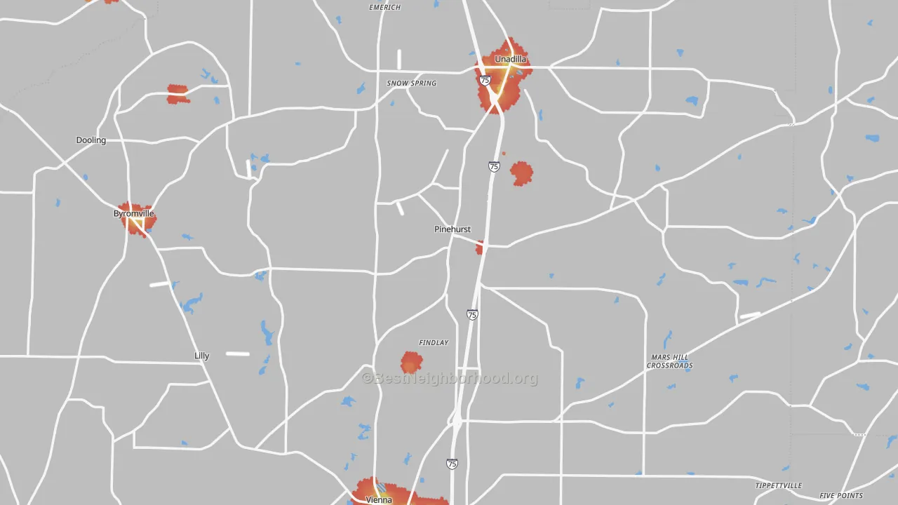 Walk Grade map of Pinehurst, GA, walkable areas in green and car-dependent areas in red