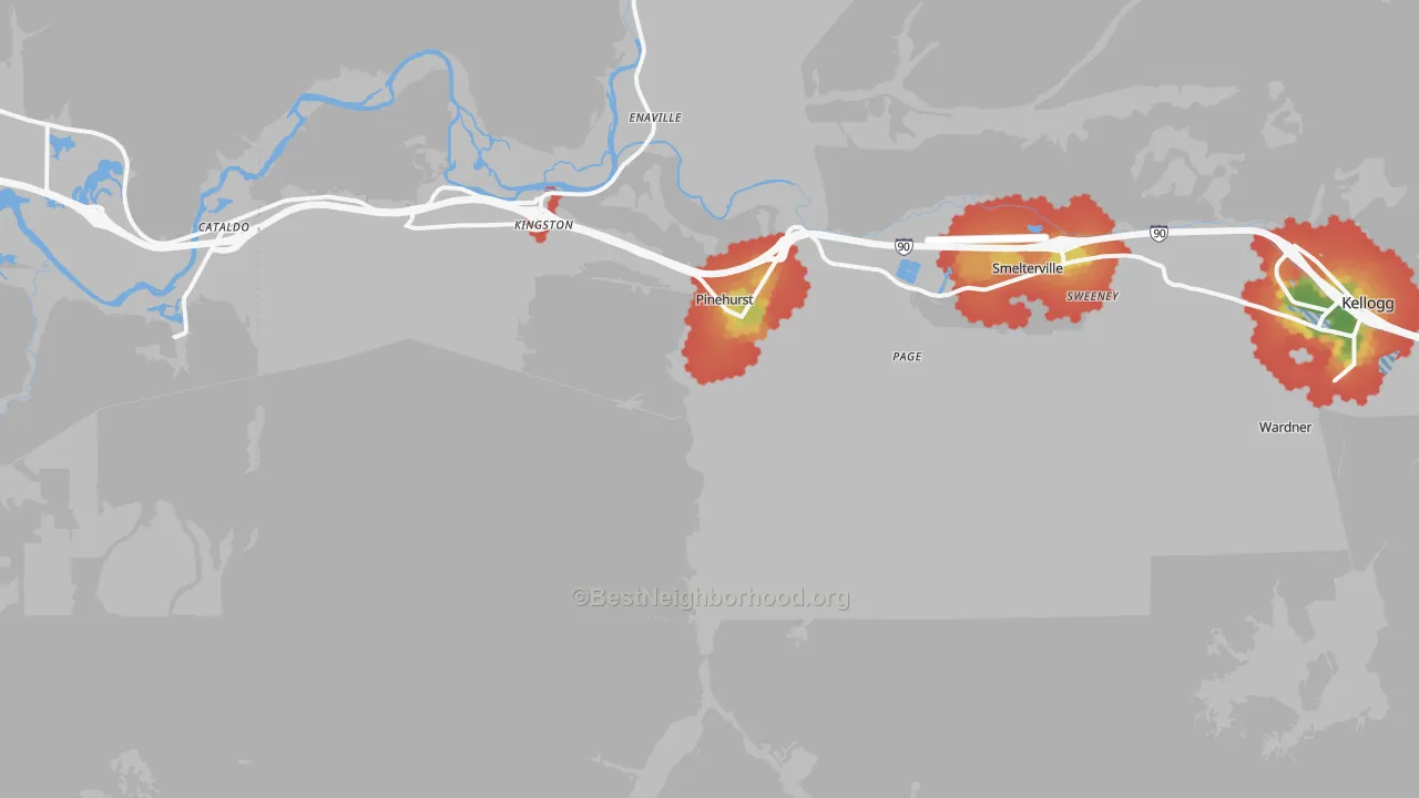 Walk Grade map of Pinehurst, ID, walkable areas in green and car-dependent areas in red