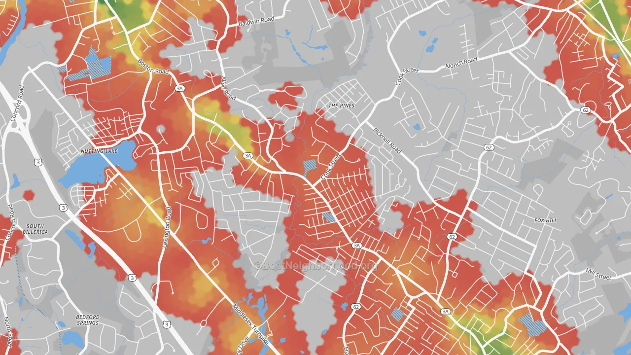 Walk Grade map of Pinehurst, MA, walkable areas in green and car-dependent areas in red