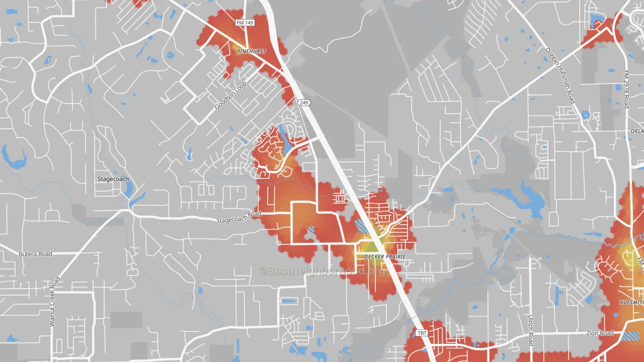 Walk Grade map of Pinehurst, TX, walkable areas in green and car-dependent areas in red