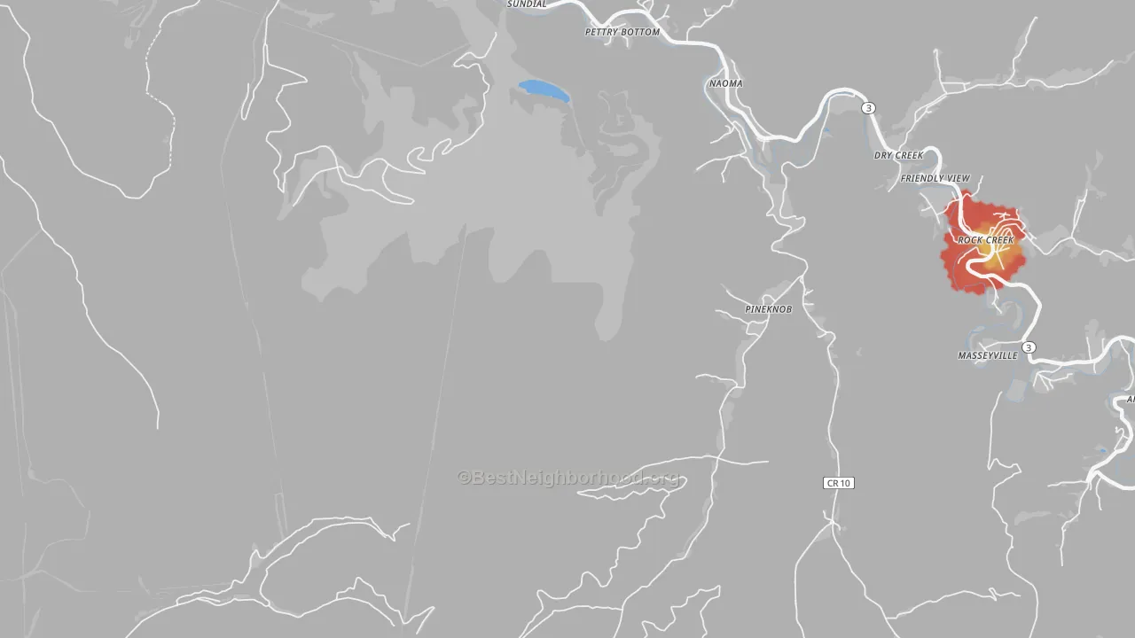 Walk Grade map of Pineknob, WV, walkable areas in green and car-dependent areas in red