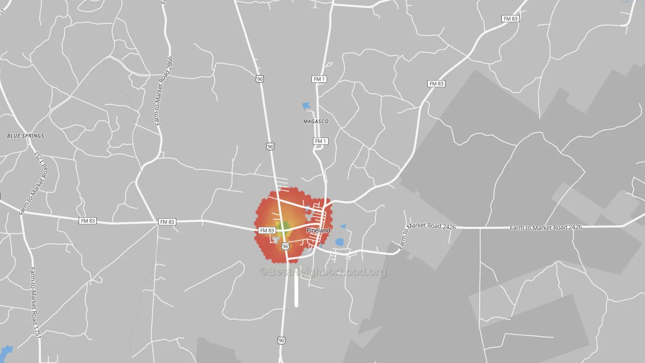 Walk Grade map of Pineland, TX, walkable areas in green and car-dependent areas in red