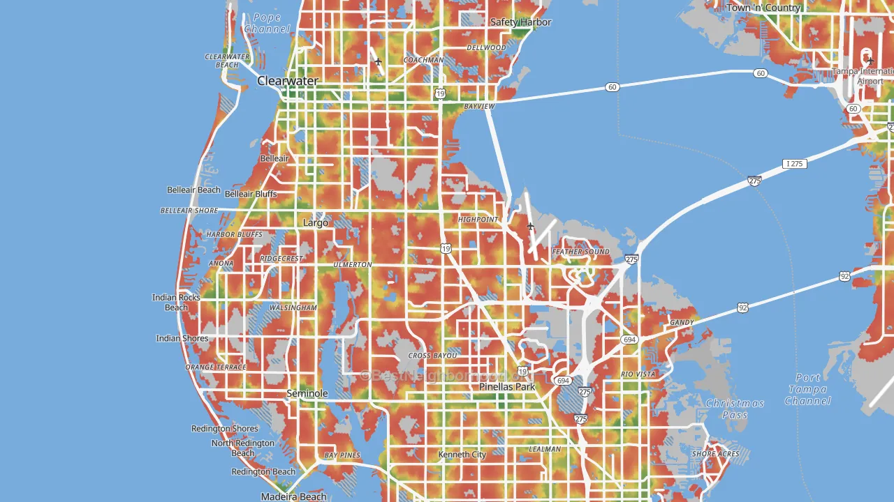 Walk Grade map of Pinellas County, FL, walkable areas in green and car-dependent areas in red