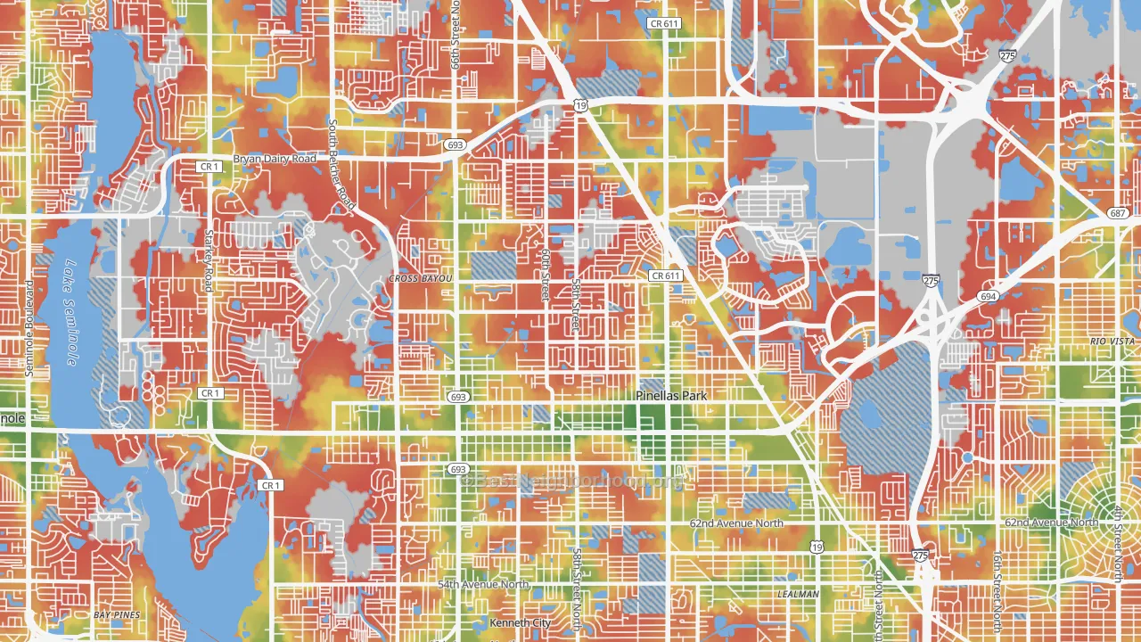 Walk Grade map of Pinellas Park, FL, walkable areas in green and car-dependent areas in red