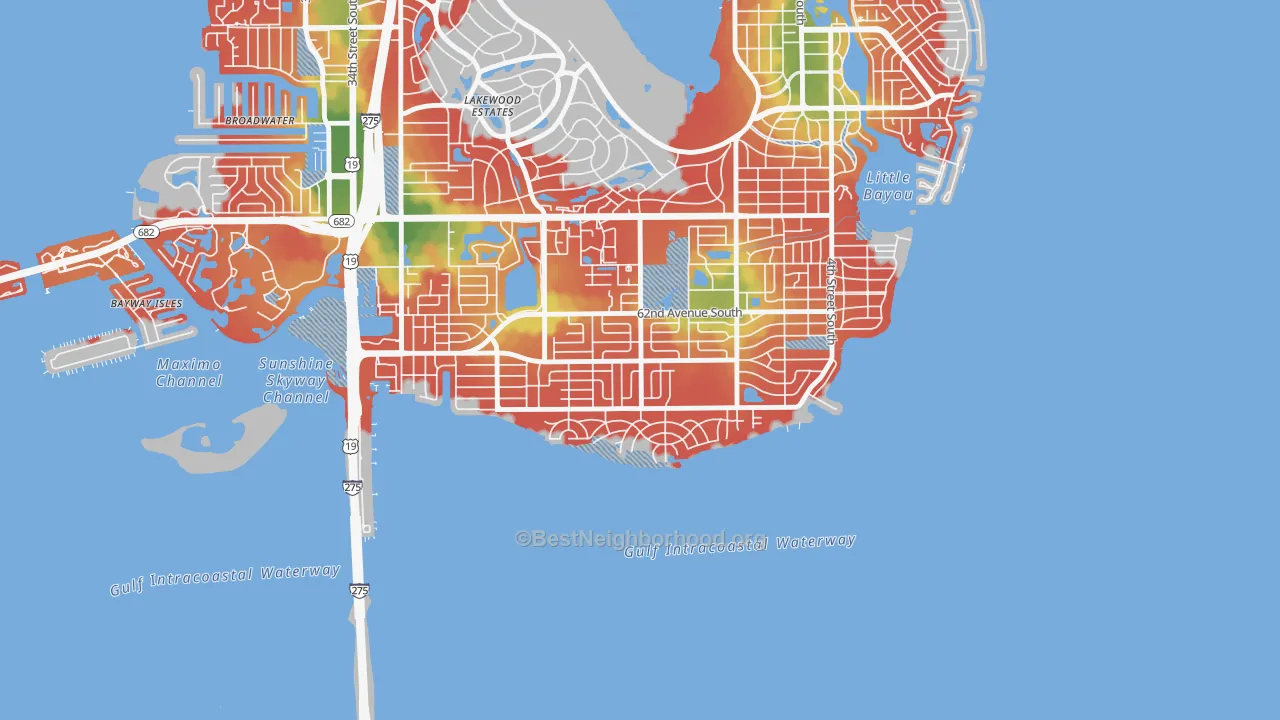 Walk Grade map of Pinellas Point, St. Petersburg, FL, walkable areas in green and car-dependent areas in red