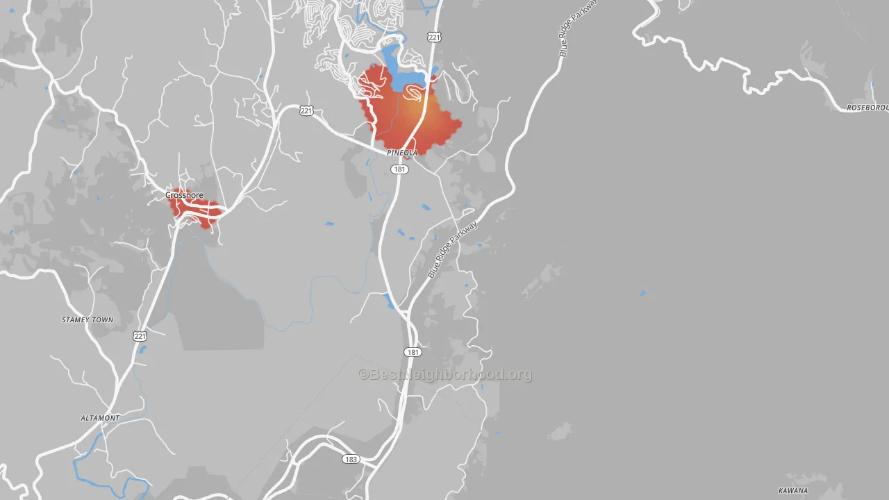 Walk Grade map of Pineola, NC, walkable areas in green and car-dependent areas in red
