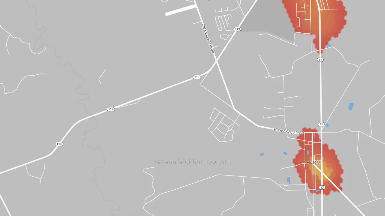 Walk Grade map of Pineora, GA, walkable areas in green and car-dependent areas in red