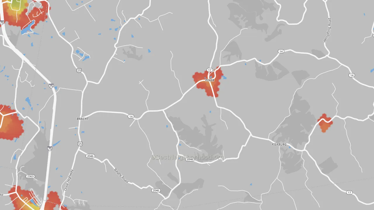 Walk Grade map of Piner, KY, walkable areas in green and car-dependent areas in red