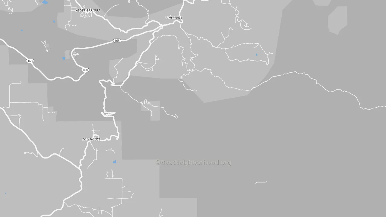 Walk Grade map of Pineridge, CA, walkable areas in green and car-dependent areas in red