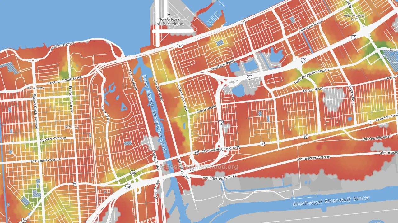 Walk Grade map of Pines Village, New Orleans, LA, walkable areas in green and car-dependent areas in red