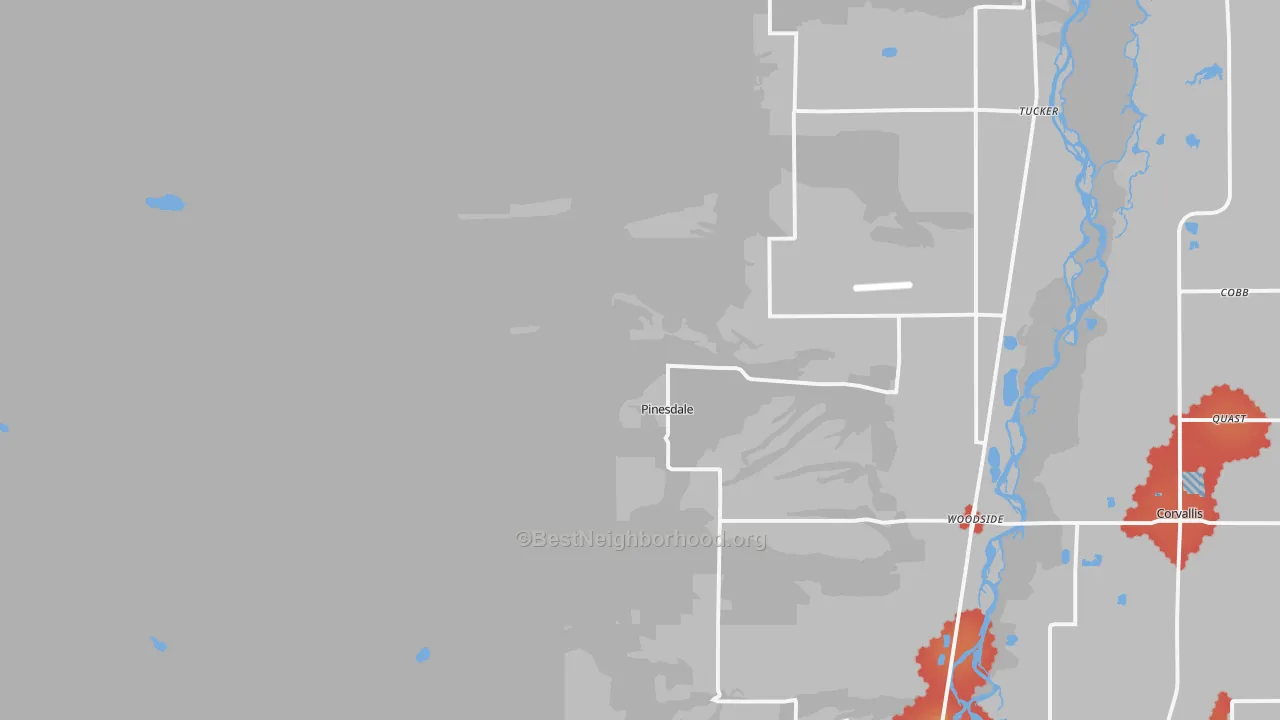 Walk Grade map of Pinesdale, MT, walkable areas in green and car-dependent areas in red